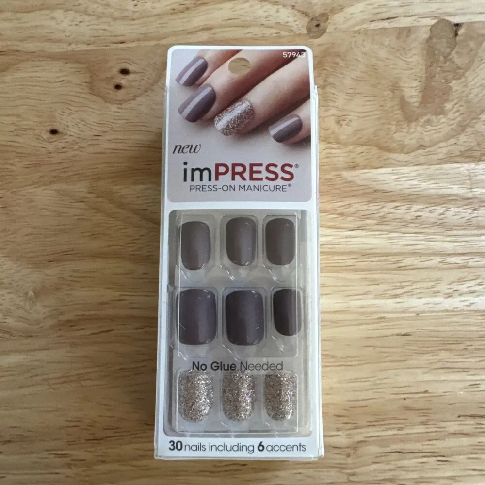 Impress Press on Nails “Night Fever” Tan and Rose Gold Glitter, NIB